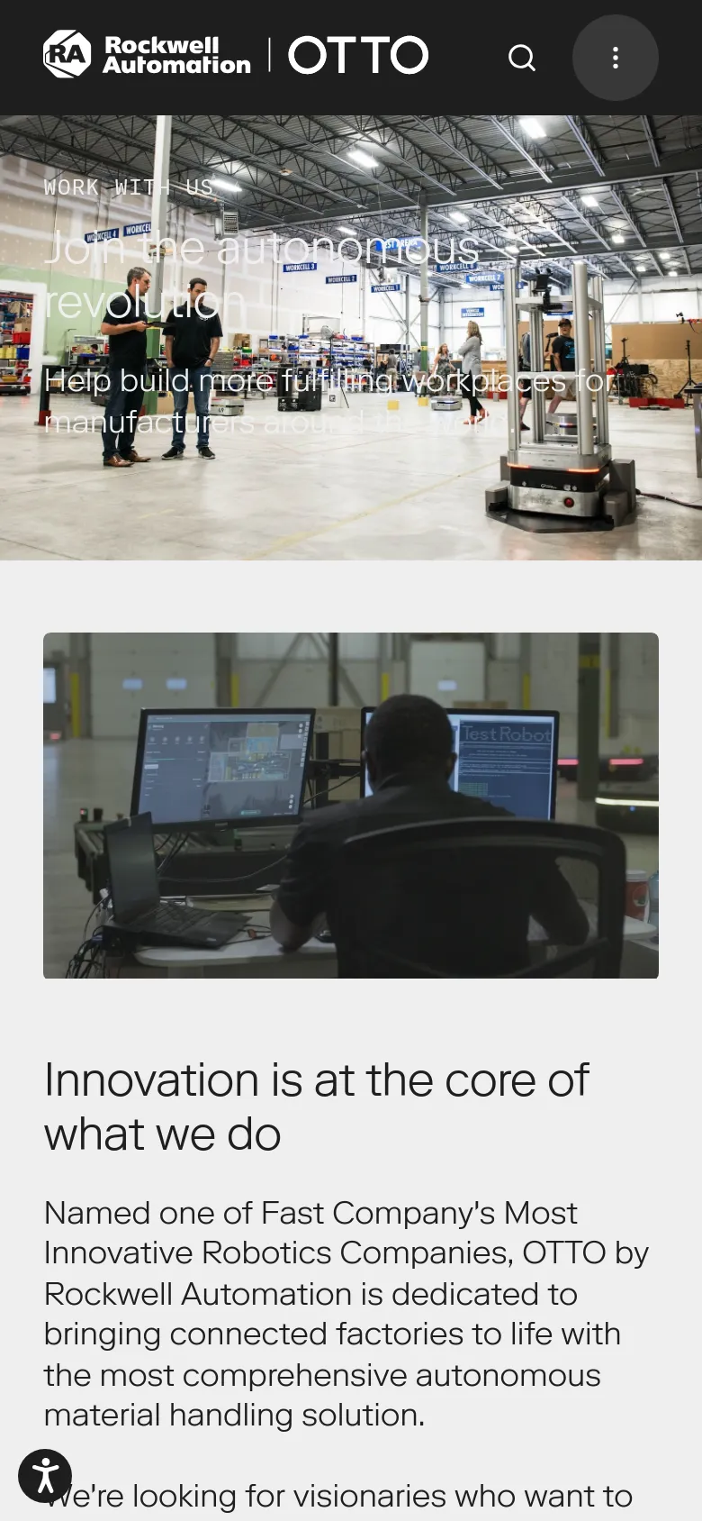 The mobile version presents a vertically stacked layout, starting with a condensed header and a hero image containing the 'Join the autonomous revolution' headline. The 'Innovation is at the core of what we do' section follows, with the descriptive text positioned above a large image of employees working in a warehouse, optimizing the content for a narrow screen.