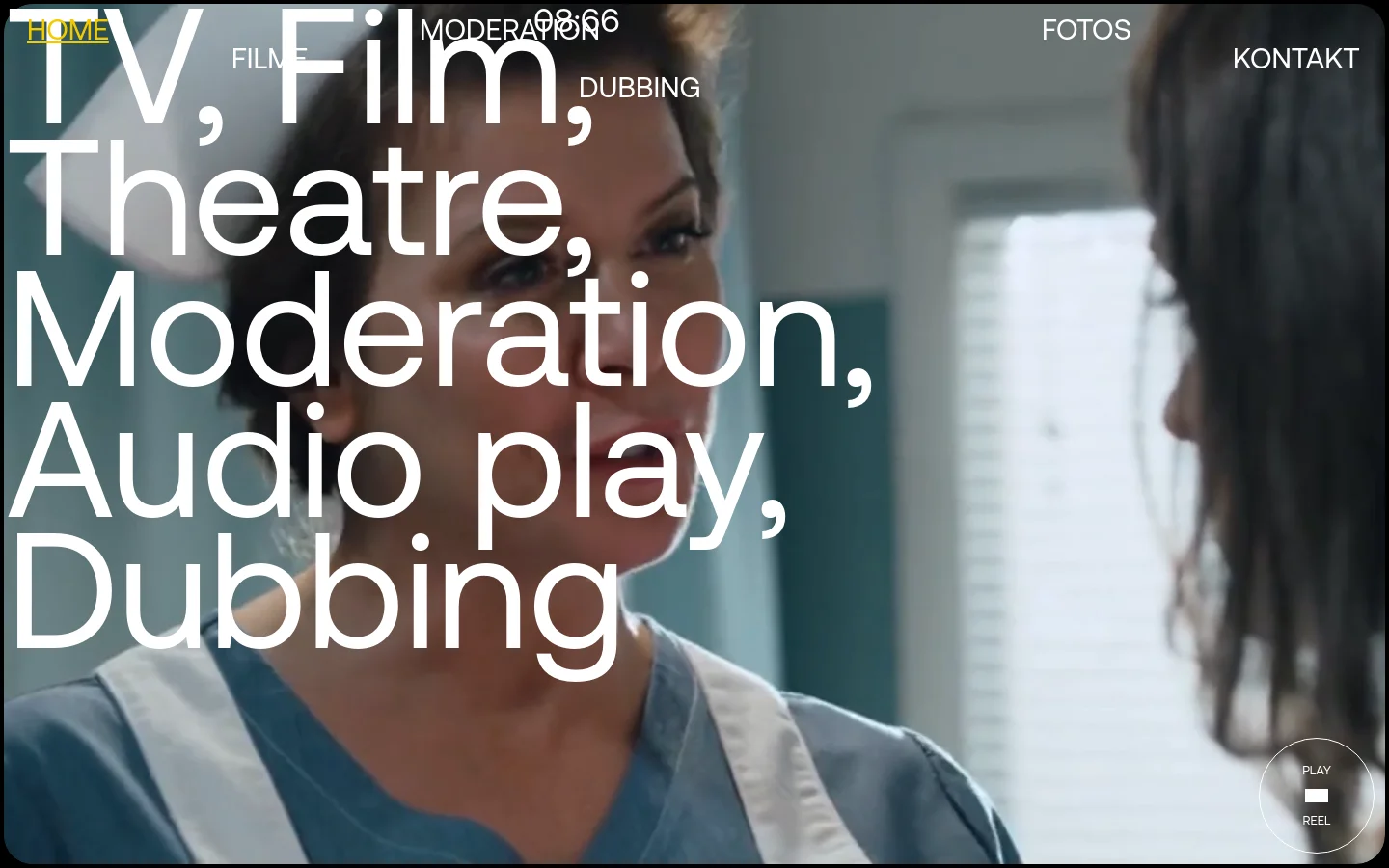 The desktop homepage features a large cinematic hero image of actress Eva Habermann with white overlay text reading 'TV, Film, Theatre, Moderation, Audio play, Dubbing'. A horizontal navigation menu is at the top, and a 'PLAY REEL' button is located in the bottom right corner against a dark, moody background.