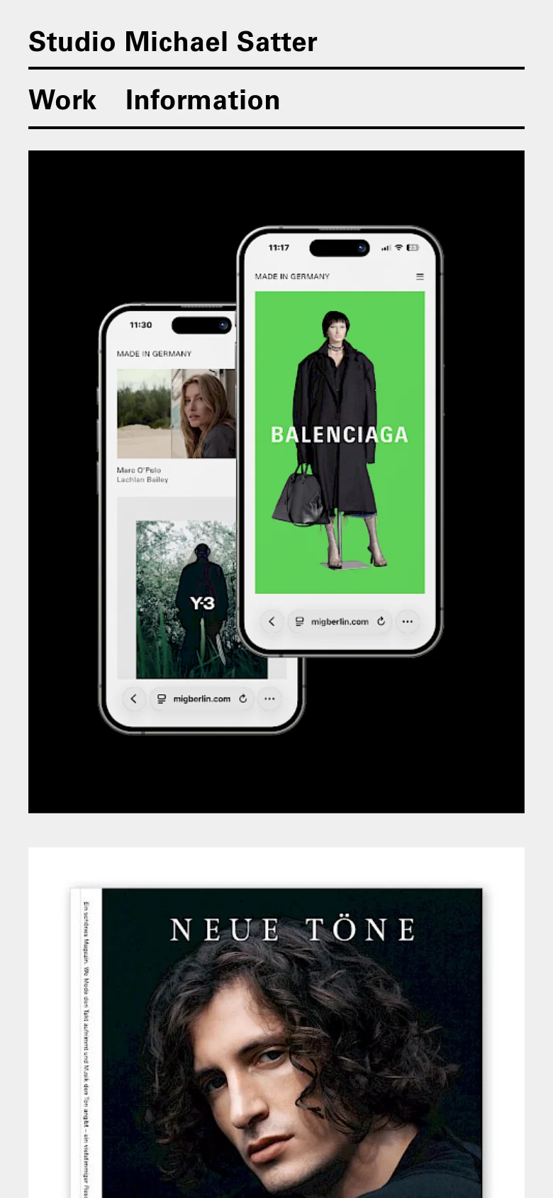 The mobile version maintains the minimalist aesthetic but transitions the project grid into a single-column vertical scroll. The header remains at the top, and each project tile is presented as a large, full-width image followed by its descriptive text and link.