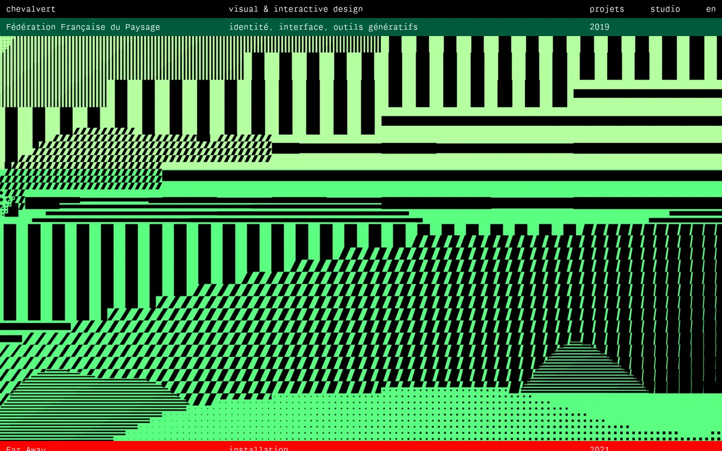 The desktop homepage for Chevalvert features a minimalist design with a black background and lime green and red accent bars. A navigation menu at the top includes links for 'projets', 'studio', and language selection, while the main body displays a vertical grid of large, full-width project tiles showcasing graphic design and installation work. Each project tile includes a title, category tags, and the year of completion.