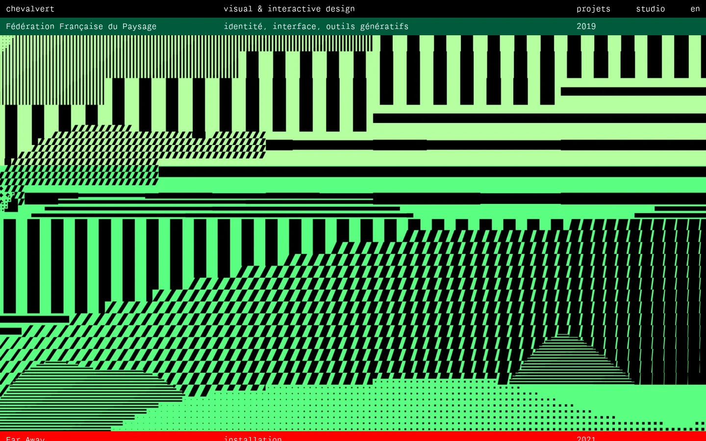 The desktop homepage for Chevalvert features a minimalist design with a black background and lime green and red accent bars. A navigation menu at the top includes links for 'projets', 'studio', and language selection, while the main body displays a vertical grid of large, full-width project tiles showcasing graphic design and installation work. Each project tile includes a title, category tags, and the year of completion.