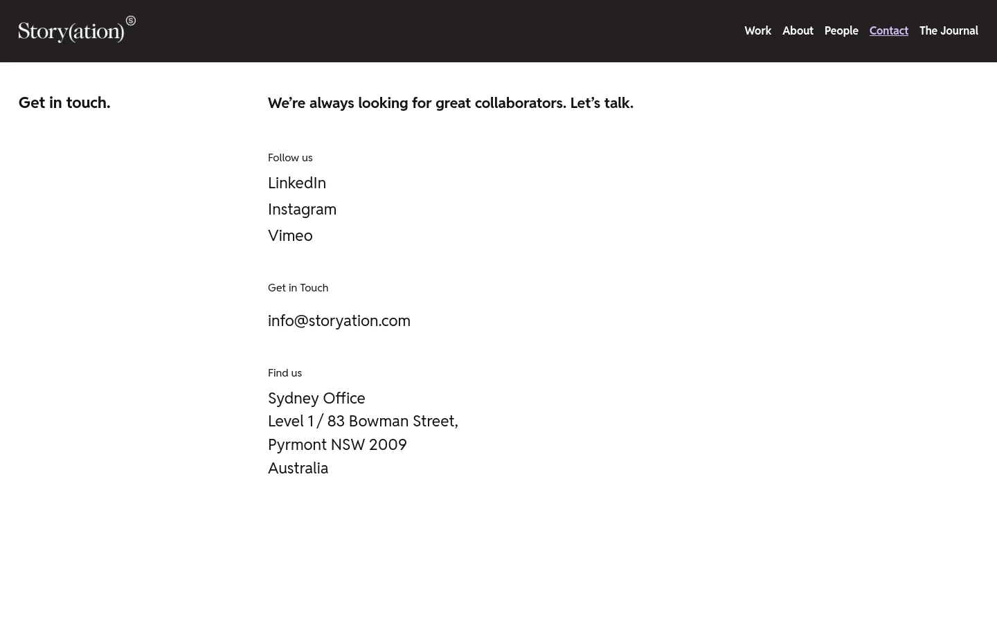 The desktop Contact page features a minimalist white background with a dark header containing the Storyation logo and navigation menu. The main content area displays 'Get in touch.' on the left, while the right side contains contact details including social media links, an email address, and the Sydney office address.