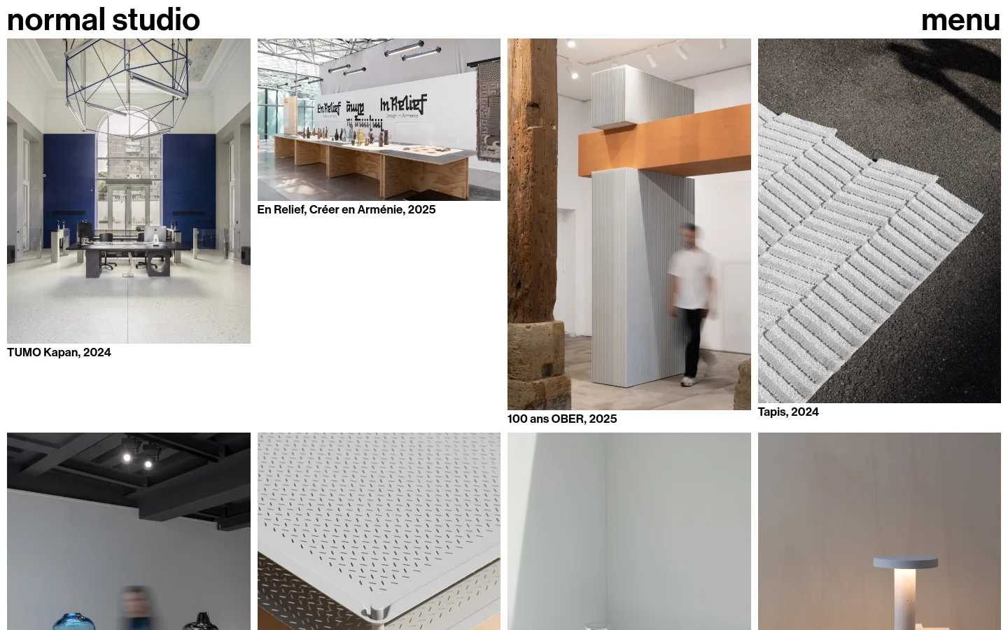 The desktop homepage for Normal Studio features a minimalist white background with a grid layout of large project images. Each image is accompanied by a title and year, such as 'TUMO Kapan, 2024' and 'En Relief, Créer en Arménie, 2025'. The top navigation includes the studio name on the left and a 'menu' link on the right.