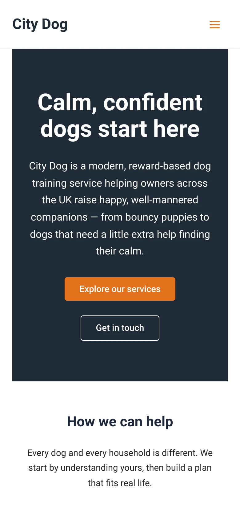 The mobile version presents a vertically stacked layout with the dark navy hero section at the top, featuring centered text and large buttons. The navigation menu is collapsed into a hamburger icon in the top right, and the 'How we can help' services are stacked vertically instead of side-by-side.