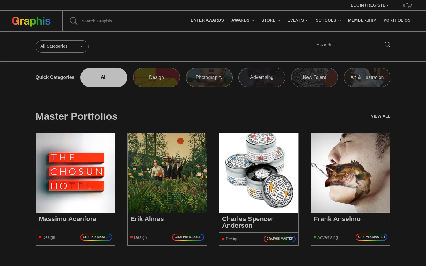 The Portfolios page features a dark theme with a navigation bar at the top and a search bar below. A 'Quick Categories' section uses rounded pill-shaped buttons for filtering content like Design and Photography. Below, 'Master Portfolios' are displayed in a grid of large image cards, each showing a creative work, the artist's name, their discipline, and a 'Graphis Master' badge.