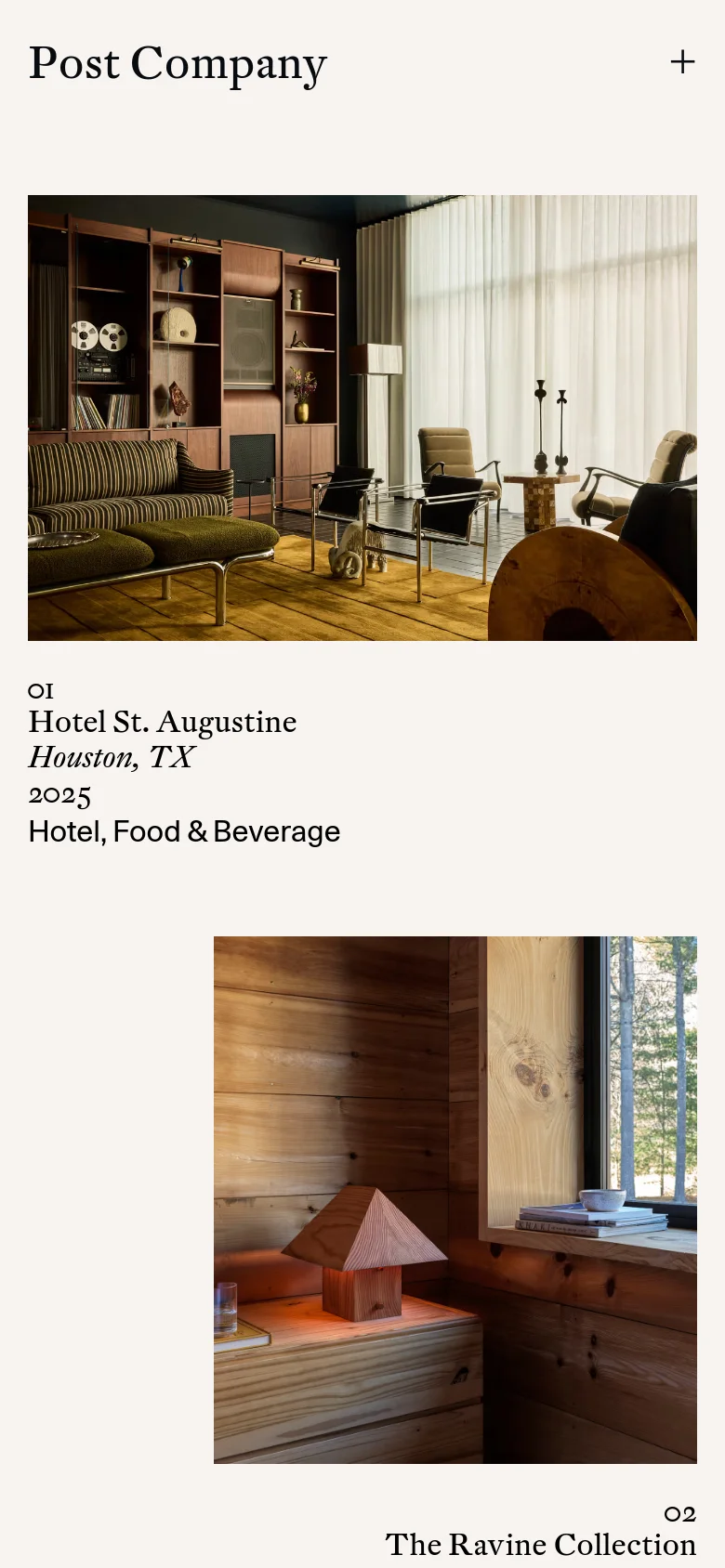 The mobile version maintains the minimalist aesthetic but uses a single-column vertical layout for the project images and text. Navigation is condensed, and the large imagery is scaled to fit the narrower screen width, prioritizing a seamless scrolling experience through the portfolio.