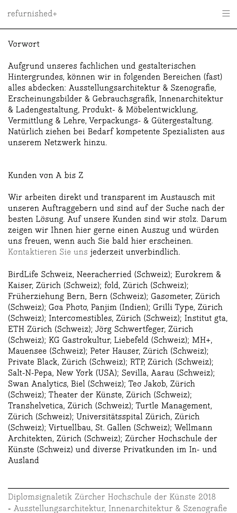 The mobile version displays a simplified layout with a single-column view. The header features the 'refurnished+' logo on the left and a hamburger menu icon on the right. The text content is stacked vertically, making the long list of clients and project details easy to scroll through on a narrow screen.