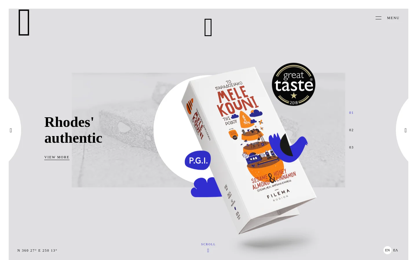 The desktop homepage features a light gray background with a large hero section showcasing a white box of Melekouni sweets decorated with colorful illustrations. To the left, the headline reads 'Rhodes' authentic' above a 'VIEW MORE' call to action, while a 'great taste 2018' seal and a blue P.G.I. badge appear on the right. The layout is spacious with minimalist navigation and a scroll indicator at the bottom.