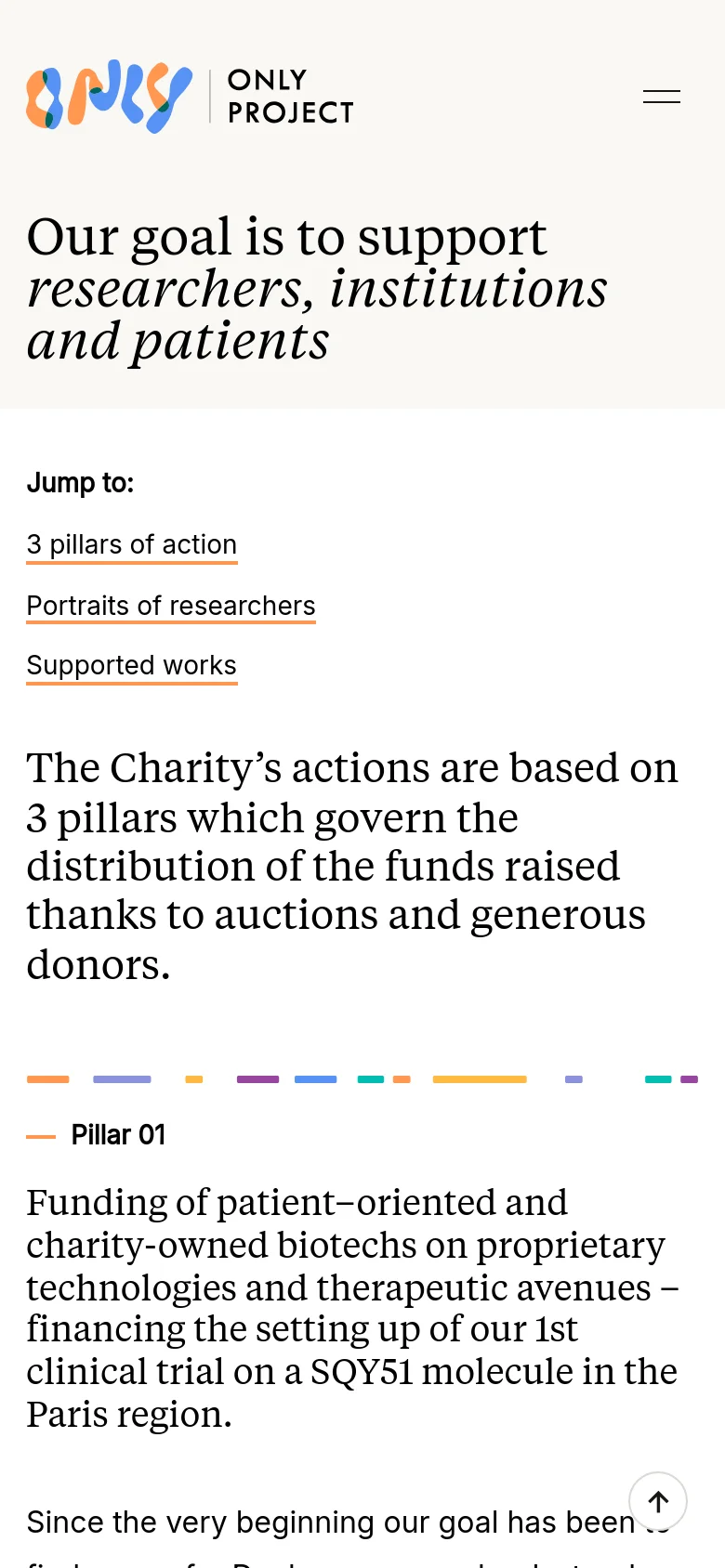 The mobile version maintains the white background and large serif headline but utilizes a simplified layout. The 'Jump to' navigation links are stacked vertically above the main content, and the top navigation menu is replaced by a hamburger icon. The colorful accent lines and text content are scaled to fit the narrower portrait screen.