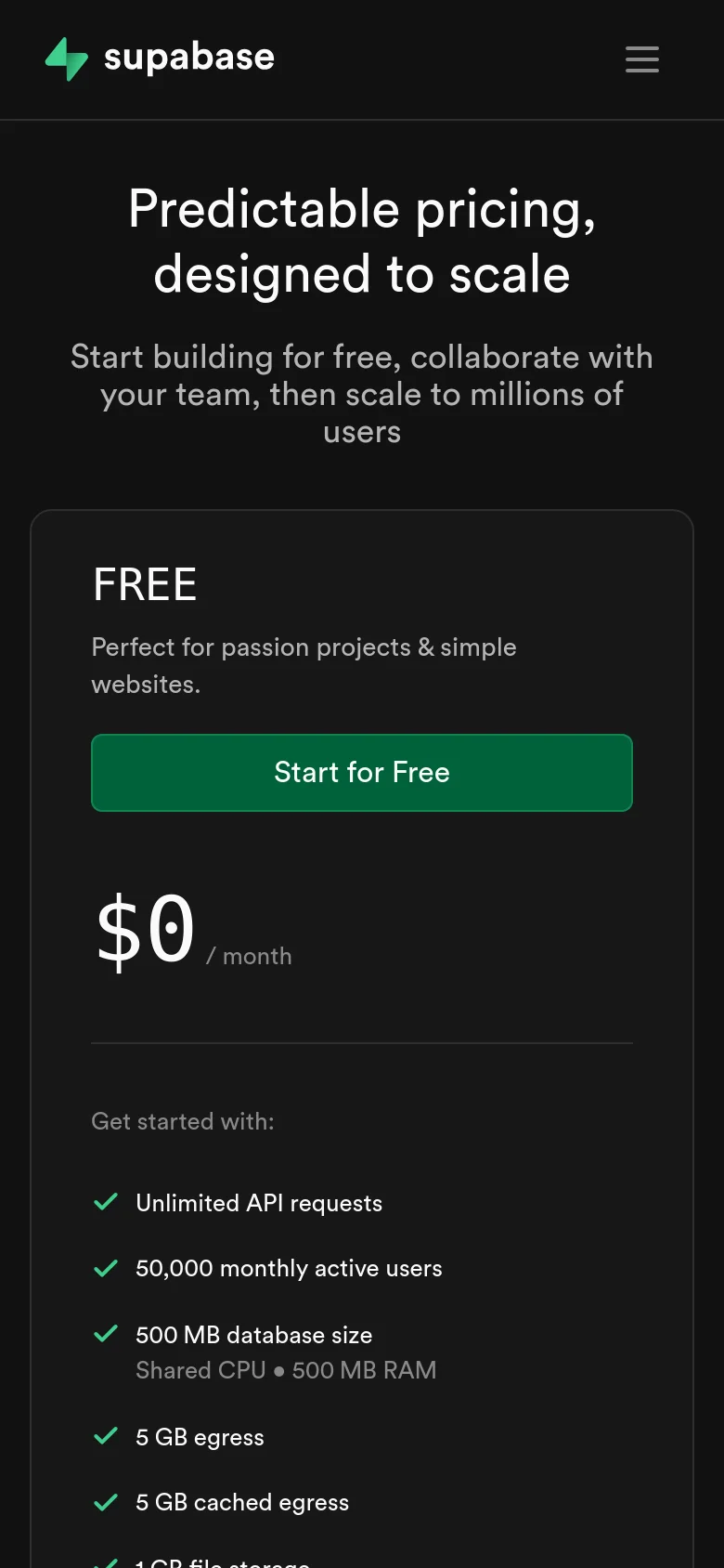 The mobile version presents the pricing information in a vertical stack rather than side-by-side cards. The layout focuses on one plan at a time, starting with the Free plan, which includes a large green 'Start for Free' button and a list of included features like unlimited API requests and 50,000 monthly active users.