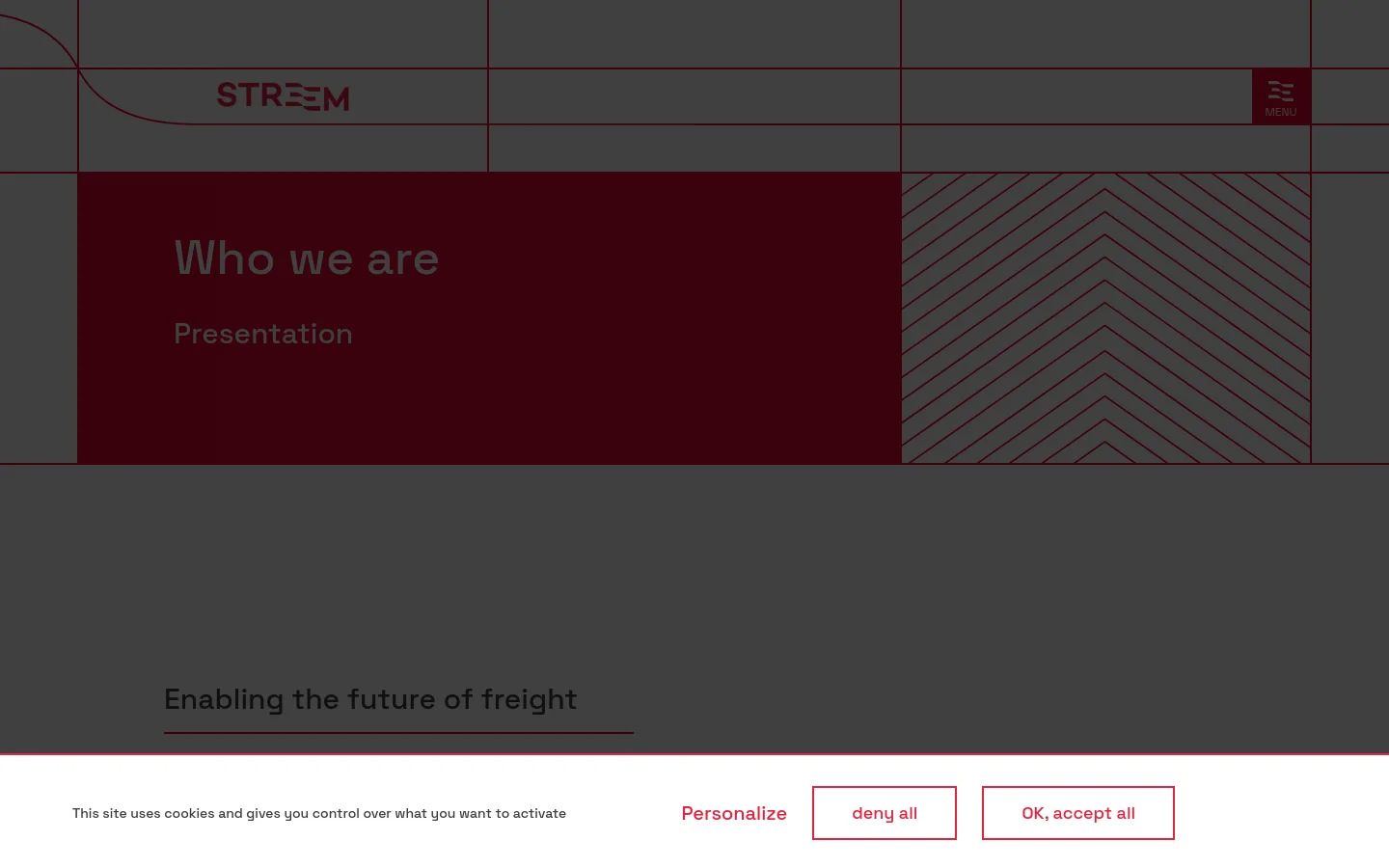 The desktop page features a dark red hero section with the headline 'Who we are' and 'Presentation' set against a geometric pattern of thin lines. Below, the content is organized into clean white sections with dark text, detailing the company's history, goals, and business segments, accompanied by a brand architecture diagram. A cookie consent banner appears at the bottom of the viewport.