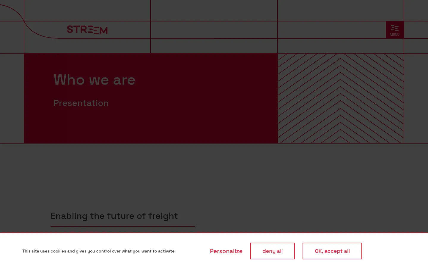 The desktop page features a dark red hero section with the headline 'Who we are' and 'Presentation' set against a geometric pattern of thin lines. Below, the content is organized into clean white sections with dark text, detailing the company's history, goals, and business segments, accompanied by a brand architecture diagram. A cookie consent banner appears at the bottom of the viewport.