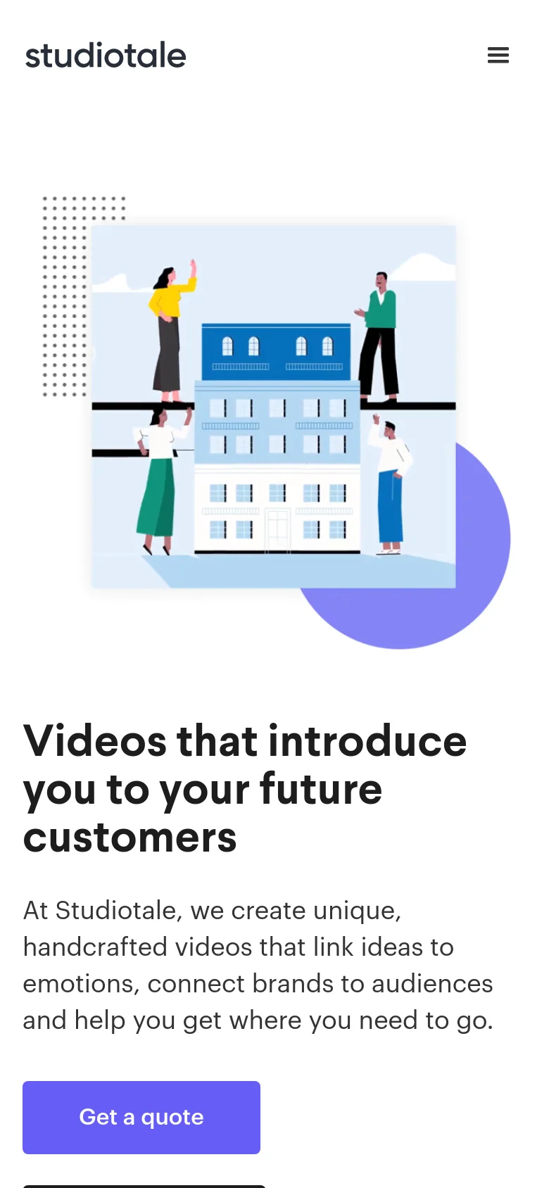 The mobile version uses a single-column vertical layout, placing the large hero illustration at the top, followed by the main headline and subheadline. The 'Get a quote' call-to-action is a prominent full-width purple button, and the navigation is condensed into a hamburger menu icon in the top right corner.