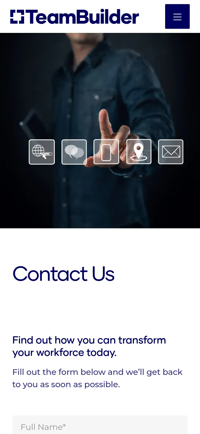 The mobile version uses a stacked layout where the hero image of the man and communication icons appears at the top, followed by the 'Contact Us' headline and subheadline. The contact form fields and the dark blue 'Submit' button are positioned below the text, and the navigation is condensed into a hamburger menu icon.