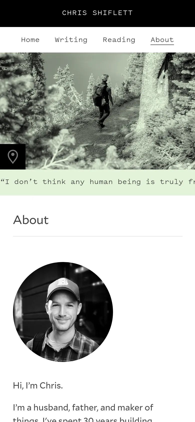 The mobile version uses a single-column vertical layout, starting with the black-and-white landscape image at the top. Below the image, the 'About' heading and Chris's circular portrait appear, followed by the biographical text and project lists. The navigation menu is condensed into a top bar with links for Home, Writing, Reading, and About.