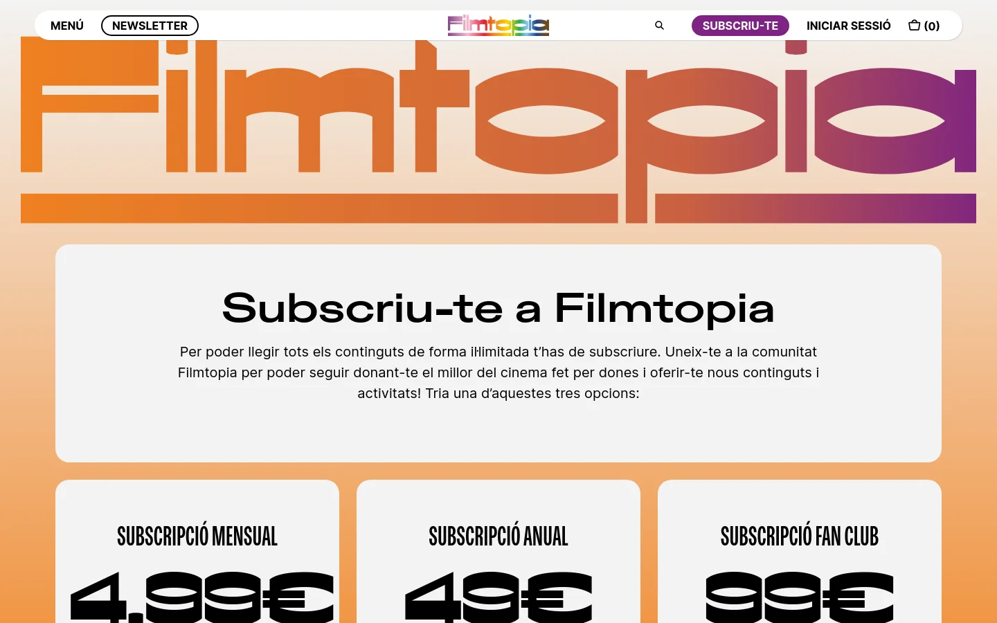The desktop page features a large orange and purple gradient header with the Filmtopia logo. Below, a central white card contains the headline 'Subscriu-te a Filmtopia' and introductory text, followed by three pricing cards for monthly, annual, and fan club subscriptions against a light orange background.