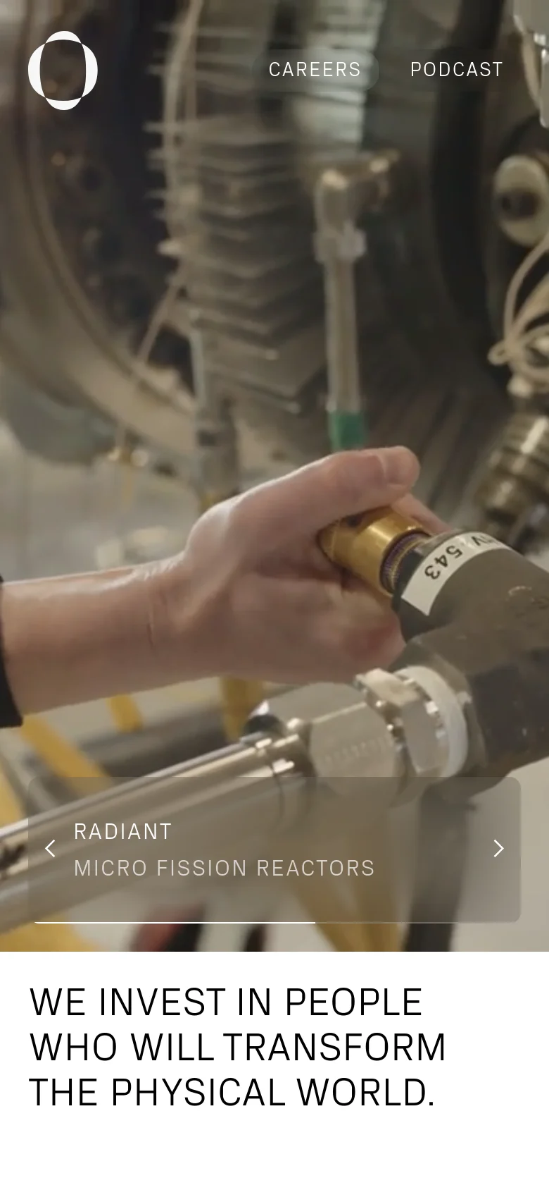 The mobile version presents a vertically oriented view of the hero video, focusing on a close-up of hands working with mechanical parts. The navigation links 'CAREERS' and 'PODCAST' are positioned at the top, and the main headline is prominently displayed in large, black text against a white background at the bottom.