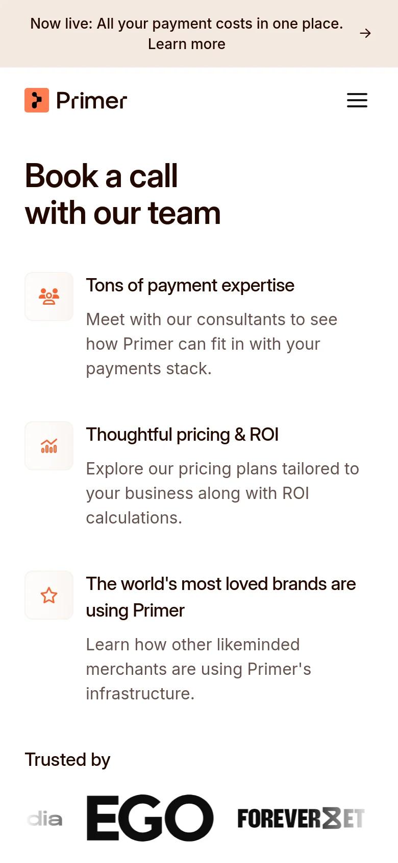 The mobile version uses a single-column vertical layout, stacking the 'Book a call with our team' headline above the feature sections. The contact form is not immediately visible in this view, and the navigation is condensed into a hamburger menu icon. The 'Trusted by' logo section follows the feature list at the bottom of the scroll.