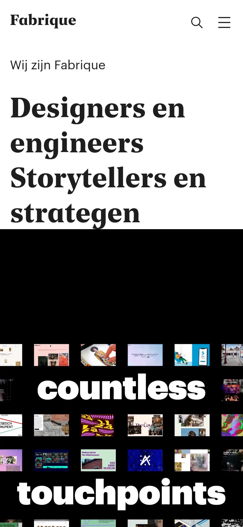 The mobile version maintains the minimalist white and black aesthetic but uses a vertical layout. The large serif headline is stacked vertically, and the hero image is scaled to fit the narrow screen width. The navigation is condensed into a hamburger menu icon next to a search icon at the top right.