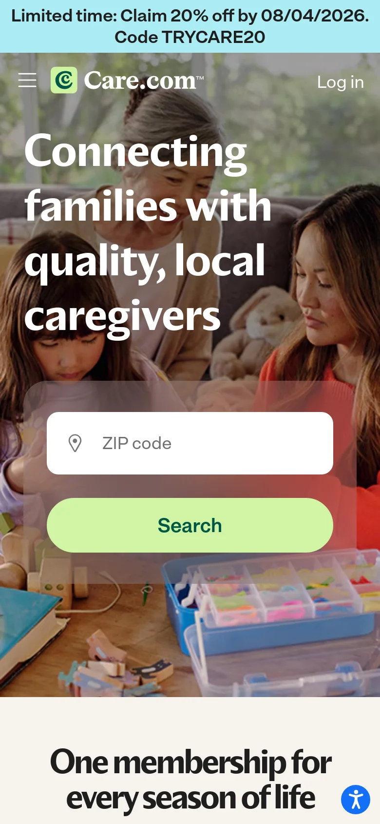 The mobile version presents a condensed view with a hamburger menu icon and the Care.com logo at the top. The hero section retains the large family image and headline, but the ZIP code search input and 'Search' button are stacked vertically and centered for easier touch interaction. The layout is simplified to prioritize the search functionality and the main headline.