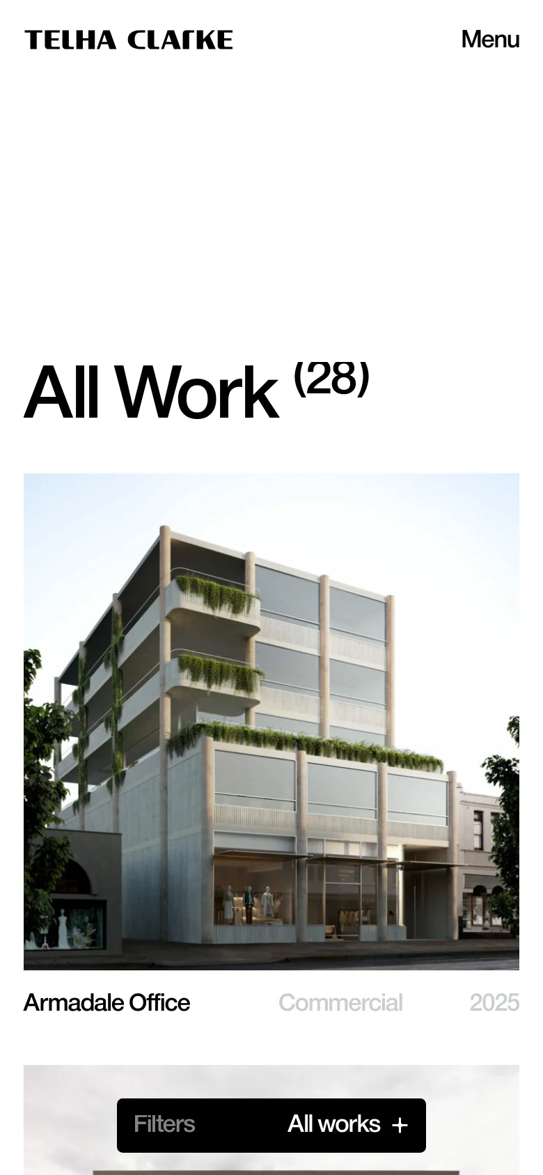 The mobile version presents a simplified vertical layout with the company name and a 'Menu' button at the top. The 'All Work' heading is prominent above a single-column stack of project images and details. The filter options and view toggles are condensed to fit the narrower screen width.
