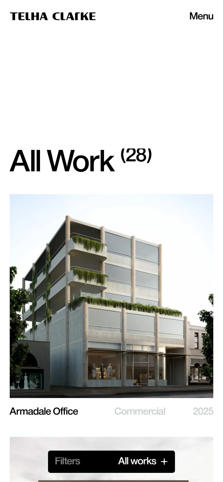 The mobile version presents a simplified vertical layout with the company name and a 'Menu' button at the top. The 'All Work' heading is prominent above a single-column stack of project images and details. The filter options and view toggles are condensed to fit the narrower screen width.