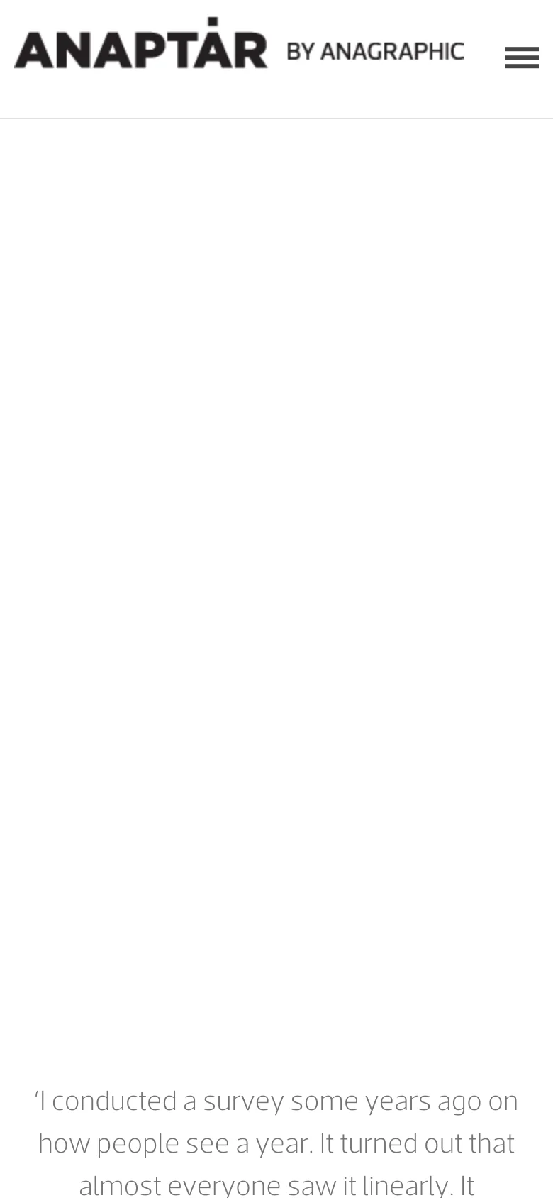 The mobile version maintains the minimalist white aesthetic but simplifies the layout. The logo is positioned at the top left, while the navigation menu is condensed into a black hamburger icon on the top right. The quote text remains centered at the bottom of the screen.