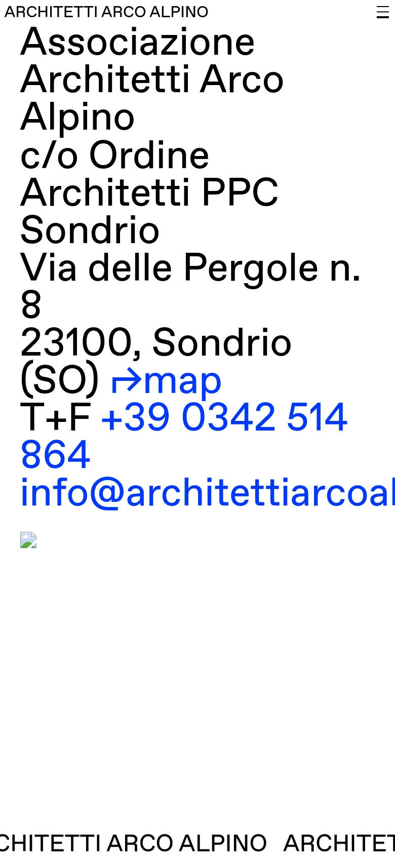 The mobile version presents a vertically stacked, single-column layout of the contact information. The text is enlarged for readability, and the blue geometric graphic is partially visible at the bottom of the screen.