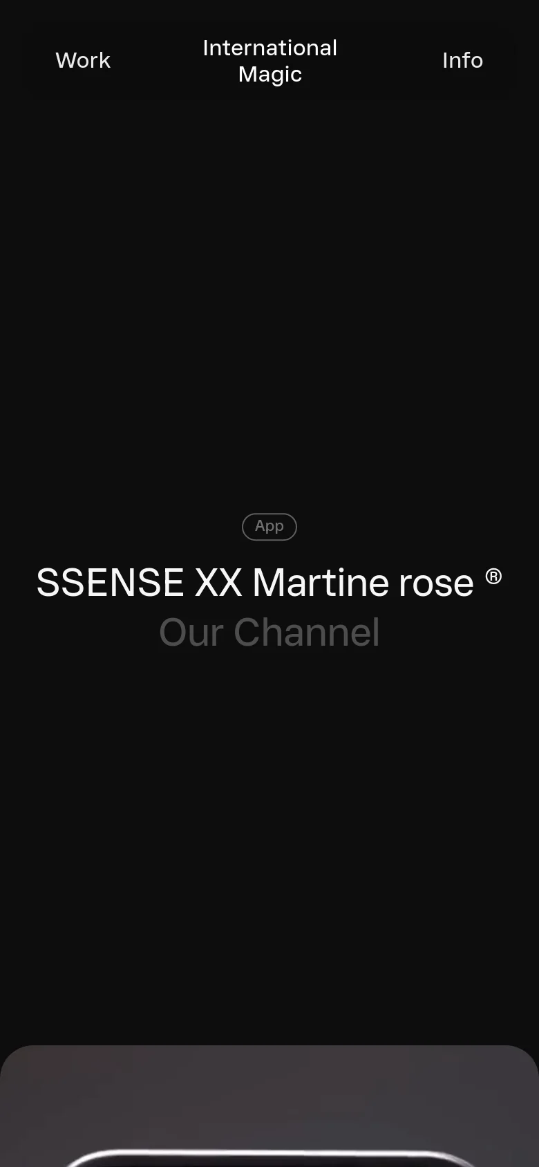 The mobile version maintains the dark, minimalist aesthetic but uses a single-column vertical layout. Text is centered, and the project titles like SSENSE XX Martine rose are prominent, with navigation links condensed at the top of the screen.