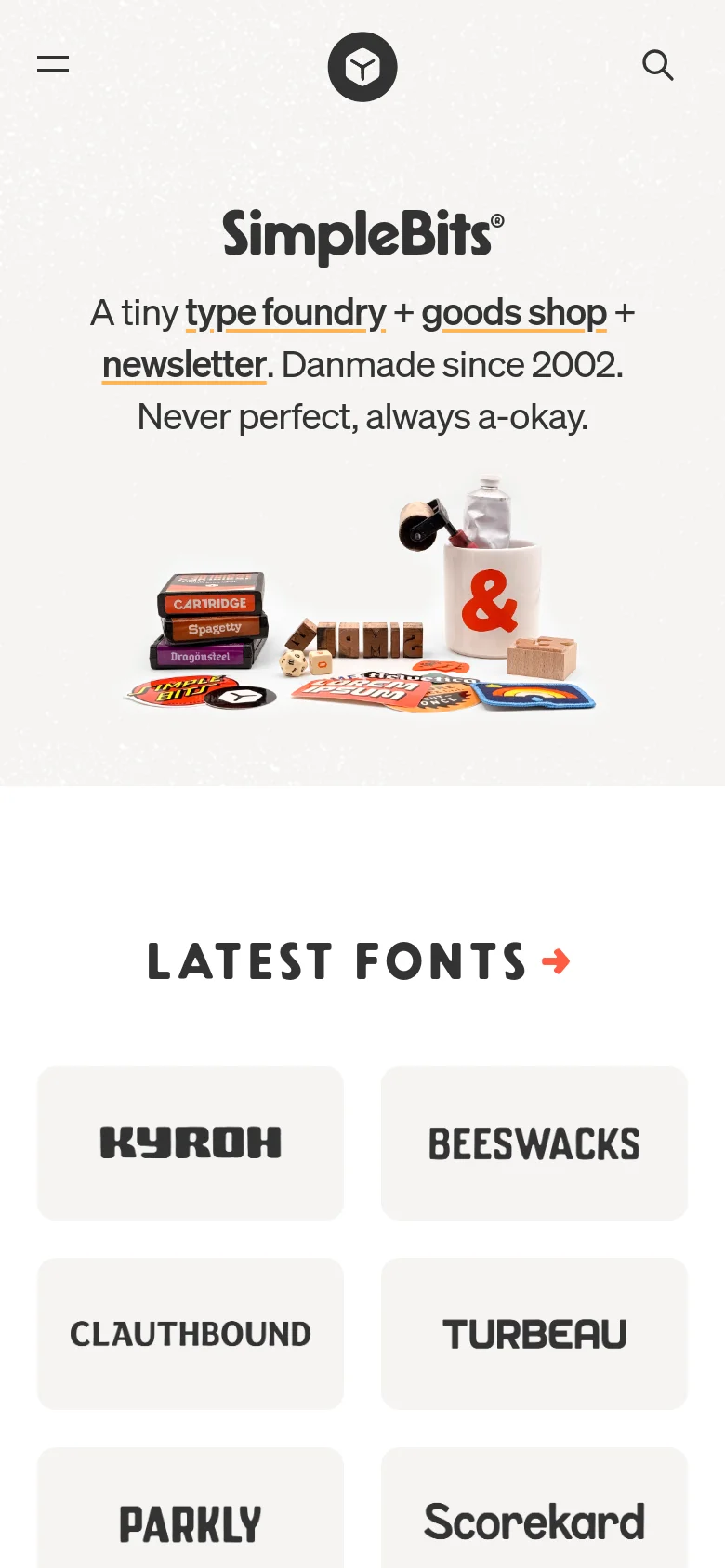 The mobile version uses a light grey textured background with a simplified header containing a hamburger menu, a central logo, and a search icon. The hero text and product imagery are centered and scaled down for smaller screens, followed by a single-column vertical list of large, clickable font preview buttons under the 'Latest Fonts' heading.