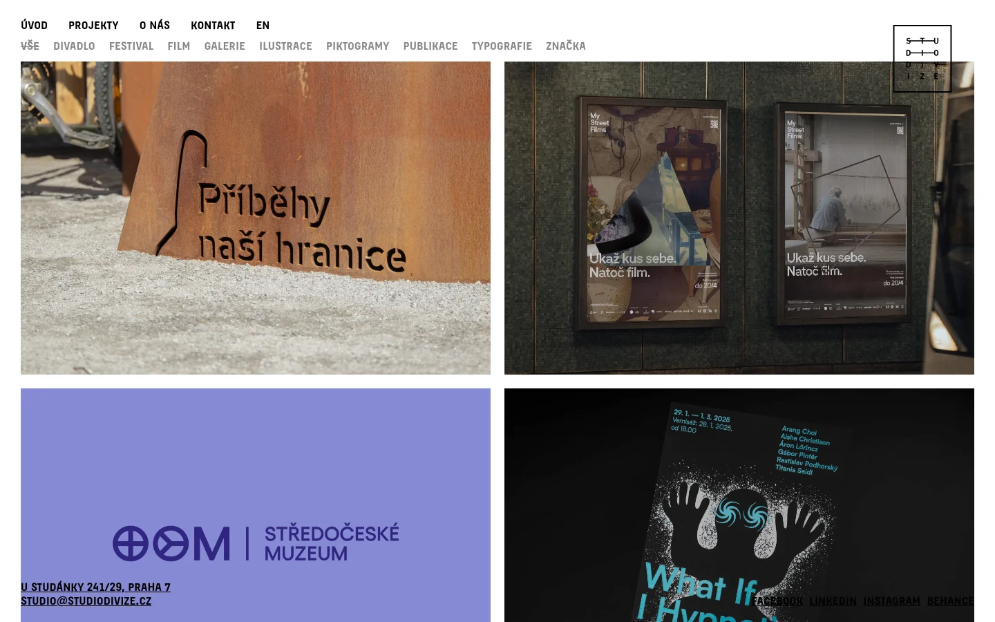 The desktop version of the Projects page features a minimalist white background with a top navigation menu including links like Projects, About Us, and Contact. Below the menu, a horizontal list of project categories such as Theater, Festival, and Film is displayed, followed by a grid of large, high-quality rectangular project images showcasing graphic design work.