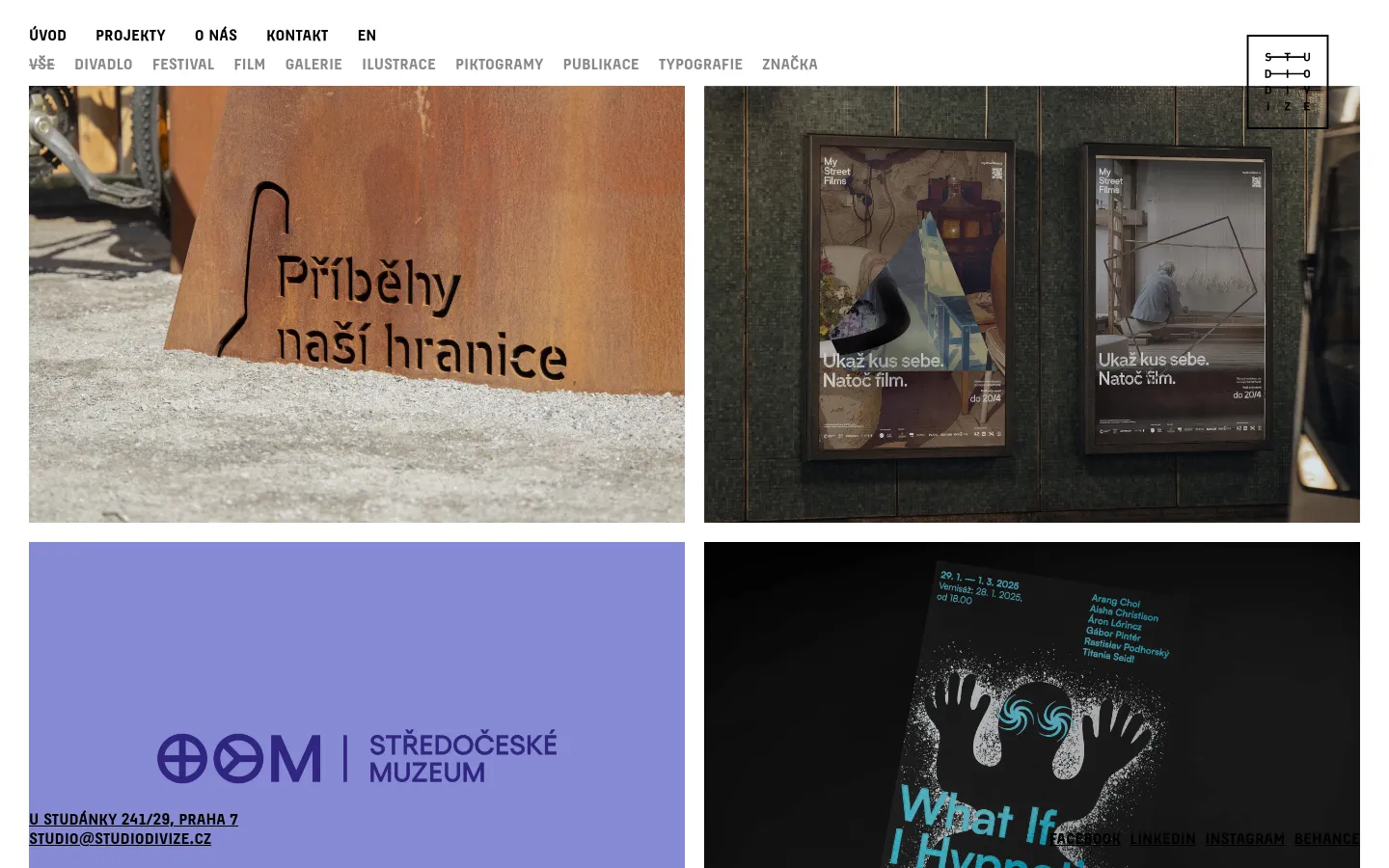 The desktop version of the Projects page features a minimalist white background with a top navigation menu including links like Projects, About Us, and Contact. Below the menu, a horizontal list of project categories such as Theater, Festival, and Film is displayed, followed by a grid of large, high-quality rectangular project images showcasing graphic design work.