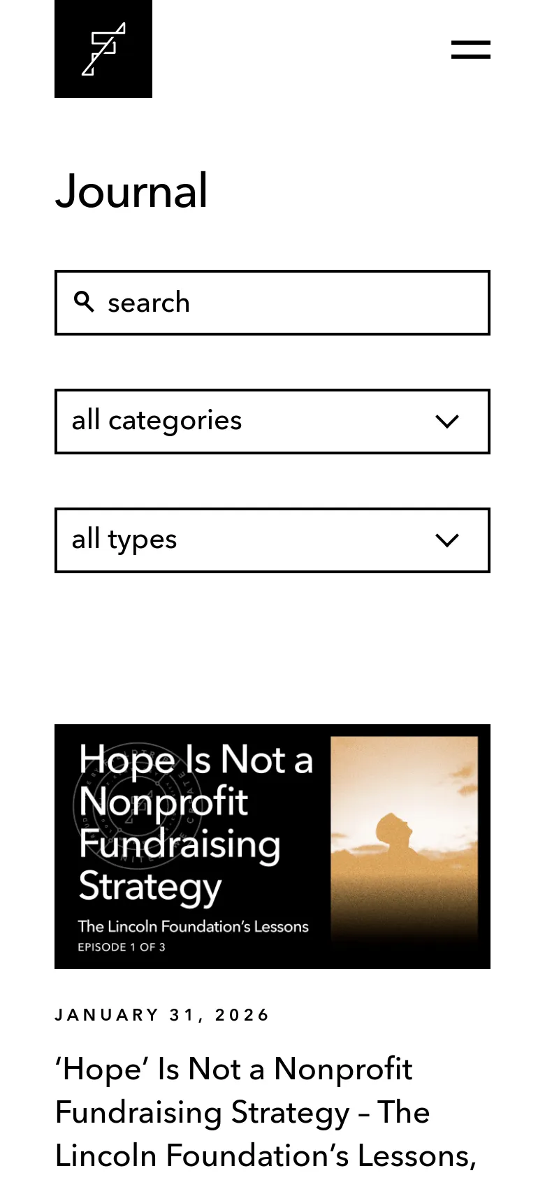 The mobile version presents a simplified, vertical layout with a condensed header containing a logo and a hamburger menu. The 'Journal' title is followed by stacked search and filter dropdown menus that span the width of the screen. The featured article follows below, with the large hero image and headline scaled to fit the narrower viewport.