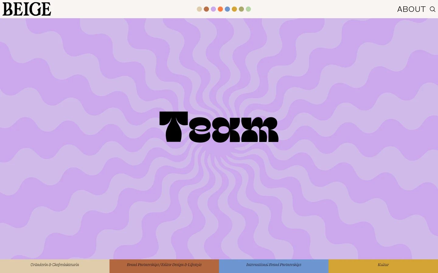 Beige team page featuring a large wavy psychedelic hero section in lavender and light purple with bold black typography reading Team. Below the hero, a grid layout displays team member portraits with names, roles, and read links in a minimalist editorial style.