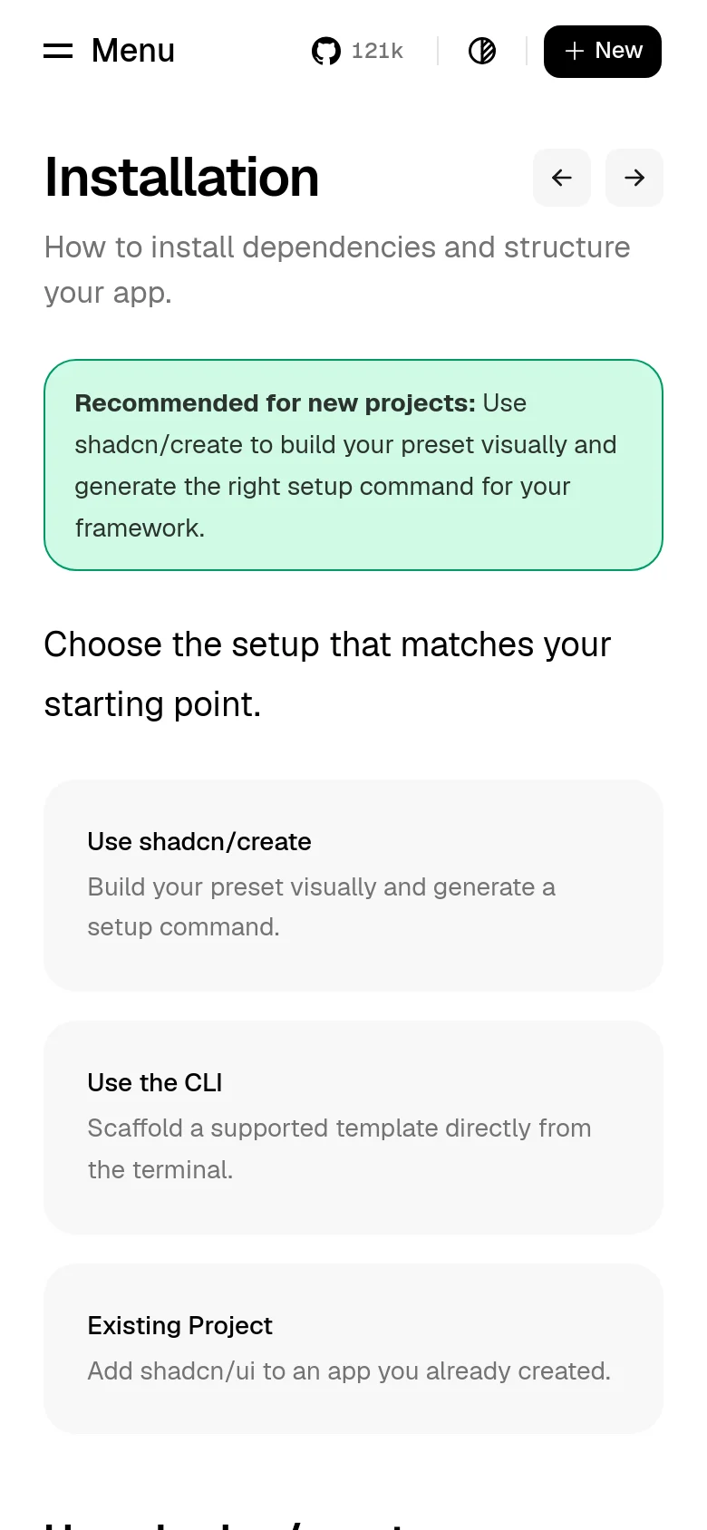 The mobile version simplifies the layout by removing the sidebars and condensing the navigation into a top header with a 'Menu' icon. The central content remains the focus, displaying the 'Installation' heading, a highlighted recommendation box, and the three installation method cards stacked vertically.