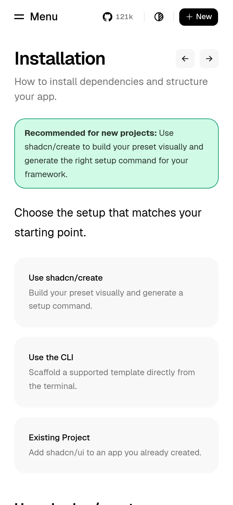The mobile version simplifies the layout by removing the sidebars and condensing the navigation into a top header with a 'Menu' icon. The central content remains the focus, displaying the 'Installation' heading, a highlighted recommendation box, and the three installation method cards stacked vertically.