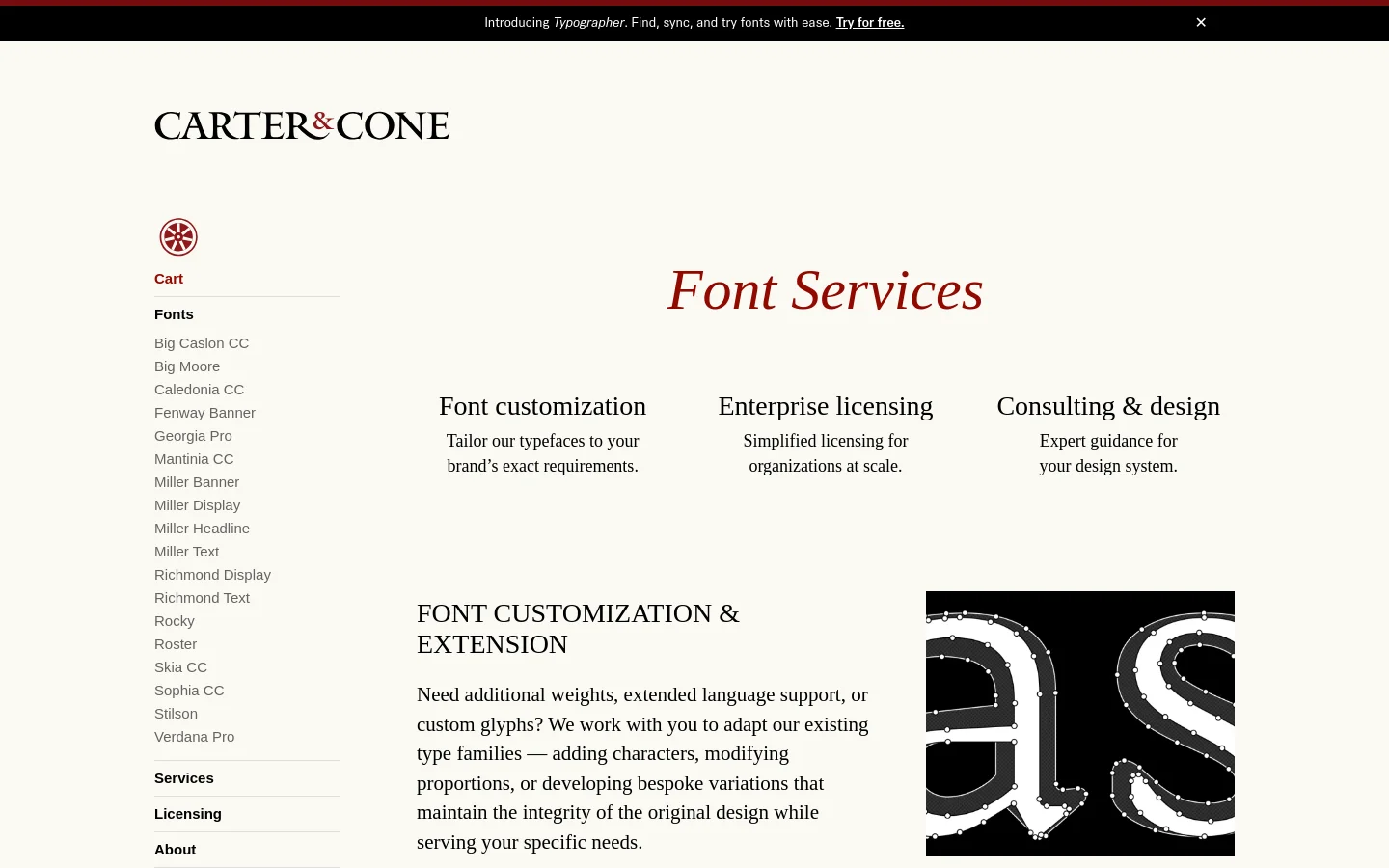 The desktop page features a minimalist cream background with a sidebar navigation menu on the left. The main content area displays the headline 'Font Services' in a large red serif font, followed by three columns describing customization, licensing, and consulting services. Below the header, a section for 'Font Customization & Extension' includes text on the left and a large graphic of stylized letters on the right.