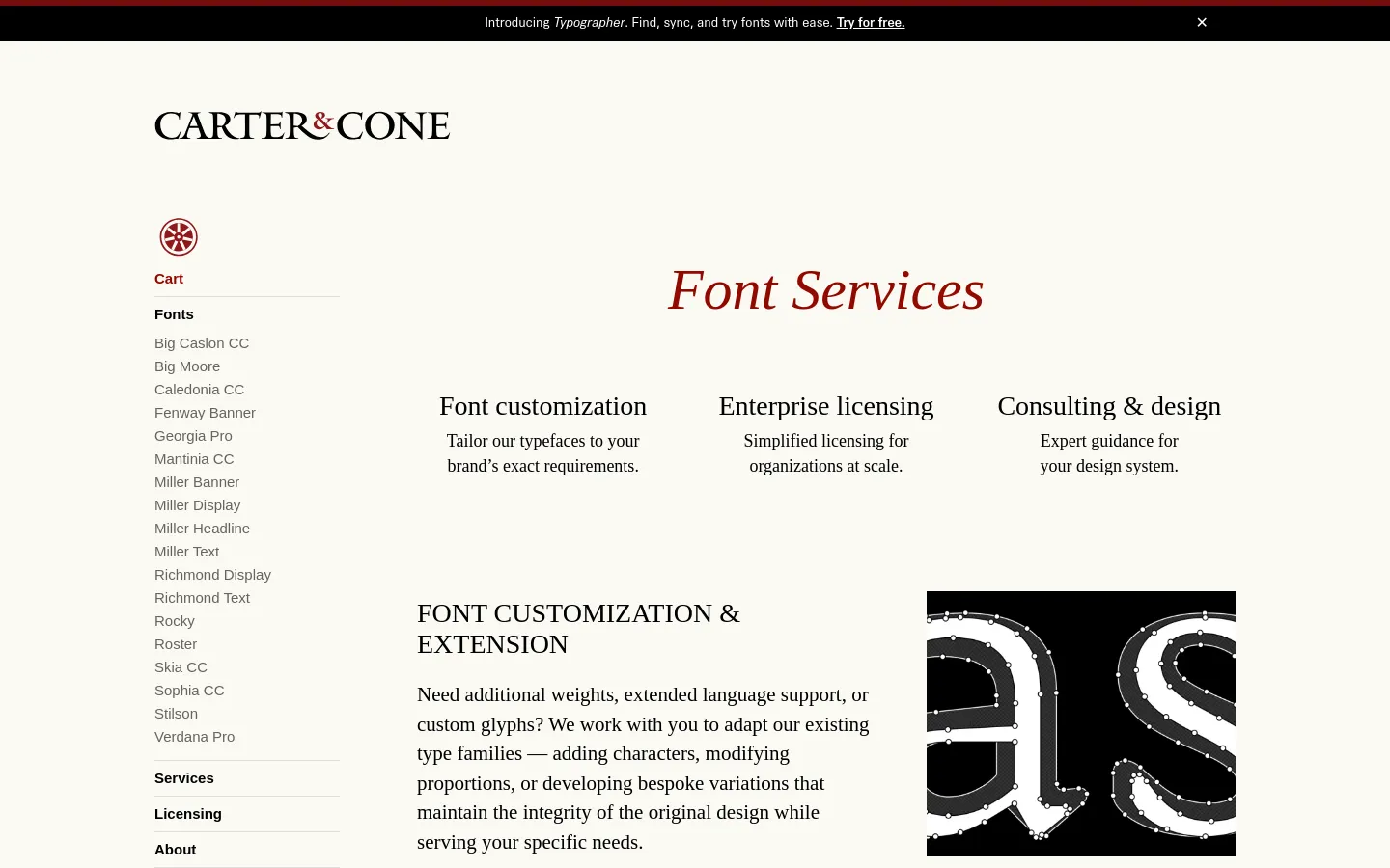 The desktop page features a minimalist cream background with a sidebar navigation menu on the left. The main content area displays the headline 'Font Services' in a large red serif font, followed by three columns describing customization, licensing, and consulting services. Below the header, a section for 'Font Customization & Extension' includes text on the left and a large graphic of stylized letters on the right.