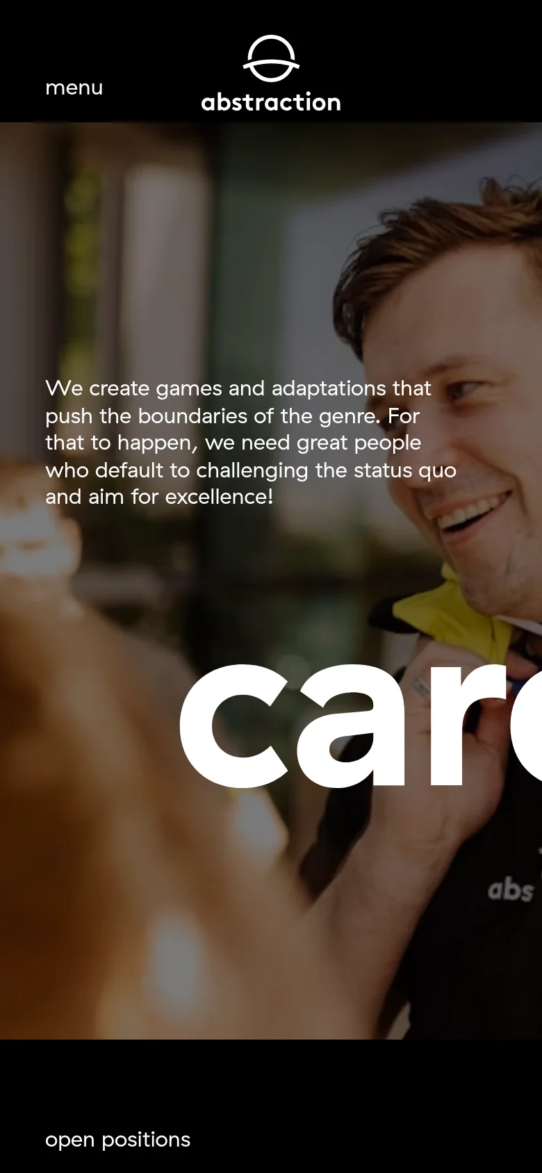 The mobile version maintains the dark-tinted hero image and large 'careers' text but rearranges the layout. The Abstraction logo is centered at the top, with the 'menu' link positioned to the left and 'open positions' text appearing at the bottom.