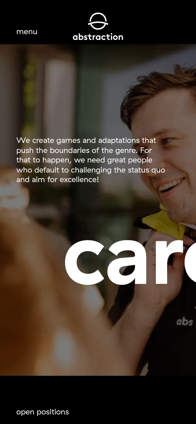 The mobile version maintains the dark-tinted hero image and large 'careers' text but rearranges the layout. The Abstraction logo is centered at the top, with the 'menu' link positioned to the left and 'open positions' text appearing at the bottom.