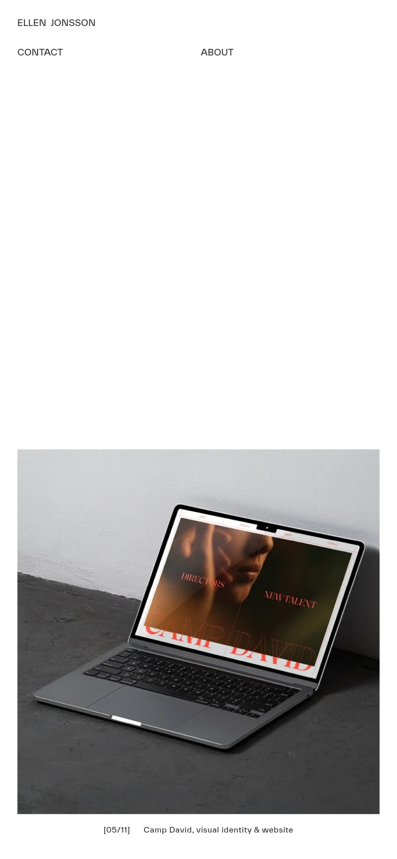The mobile version uses a stacked vertical layout with the name 'ELLEN JONSSON' at the top, followed by 'CONTACT' and 'ABOUT' links. The large hero image of the laptop remains central, followed by the project caption, creating a simplified single-column view compared to the desktop version.
