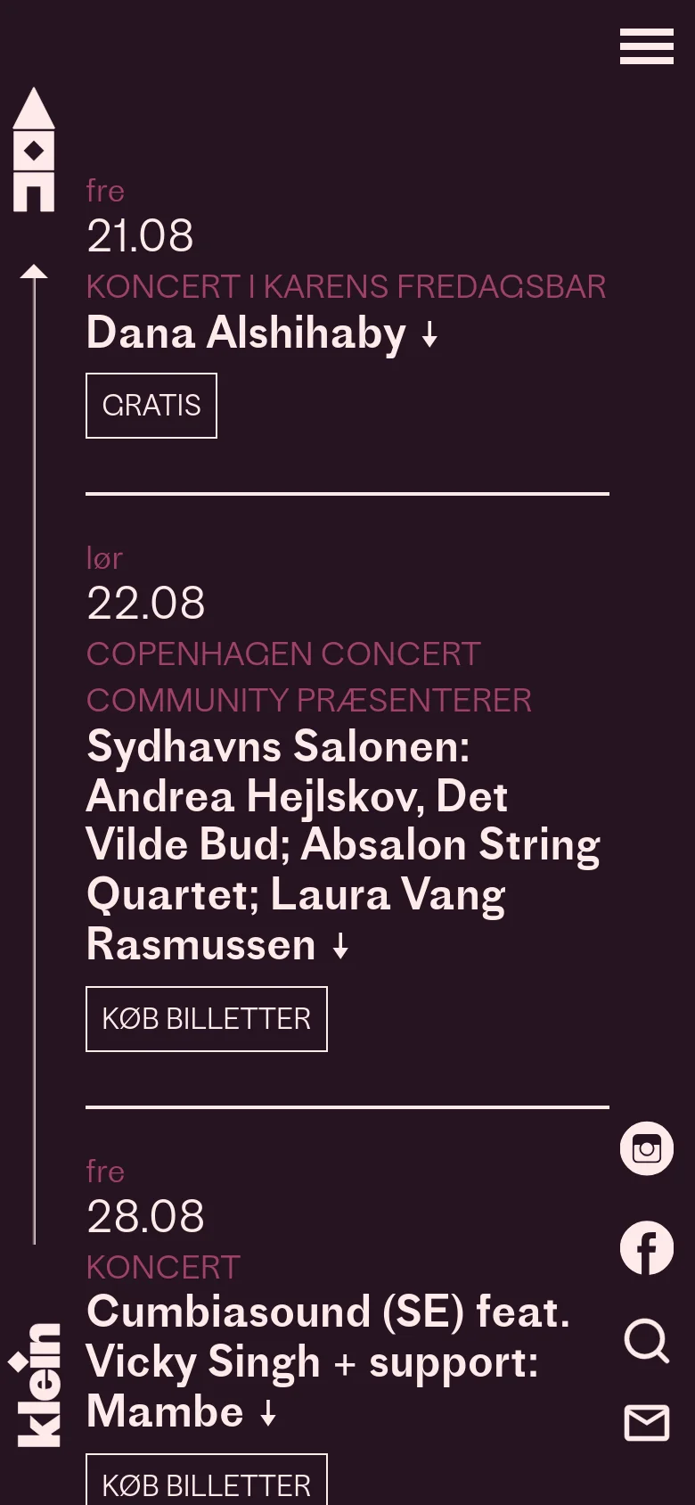 The mobile version presents a single-column vertical layout optimized for small screens. The event list is stacked vertically with large headings, and a hamburger menu icon is located at the top right. Social media and search icons are pinned to a vertical bar on the right side of the screen.