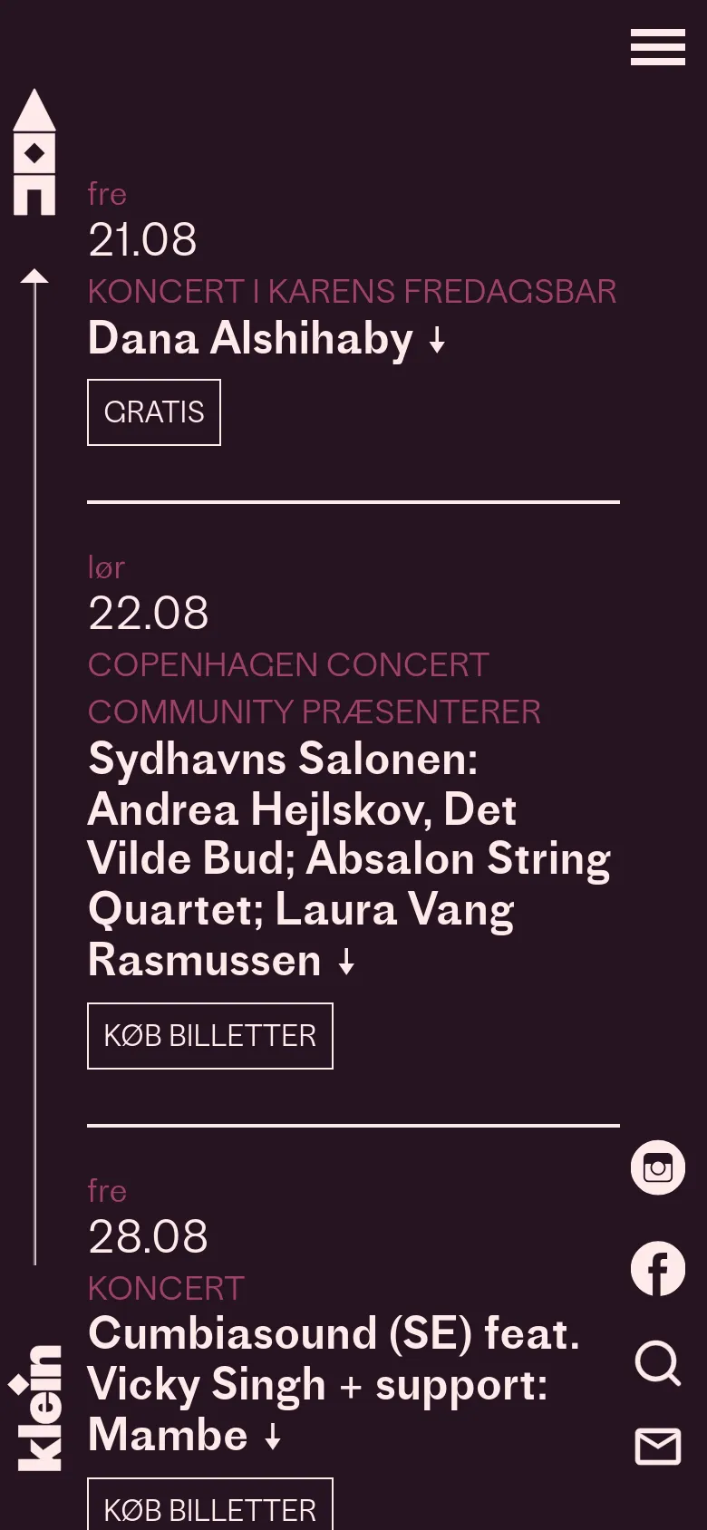 The mobile version presents a single-column vertical layout optimized for small screens. The event list is stacked vertically with large headings, and a hamburger menu icon is located at the top right. Social media and search icons are pinned to a vertical bar on the right side of the screen.