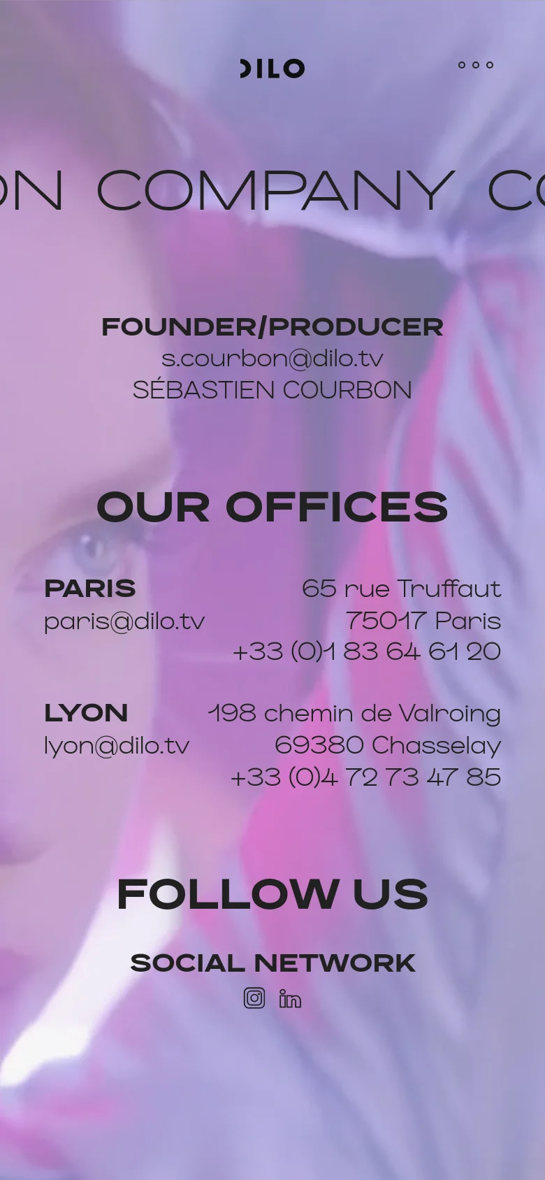 The mobile version uses a full-screen, soft purple and pink blurred photographic background with dark text overlaid. The layout is vertically stacked, presenting the founder's contact info, office locations in Paris and Lyon, and social media links at the bottom.