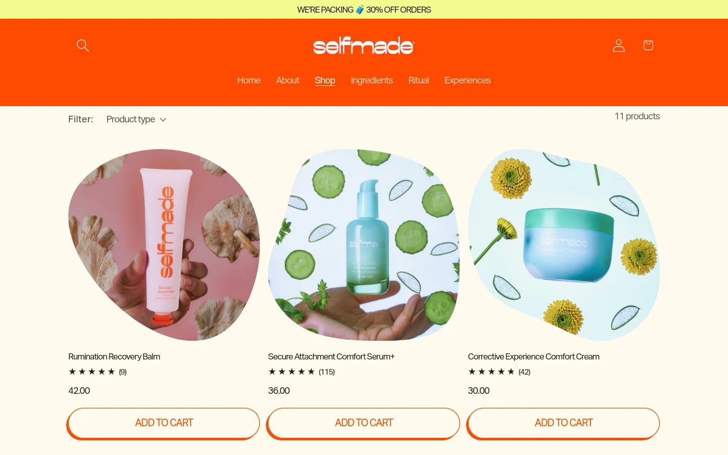 The desktop shop page features a bright orange header with the 'selfmade' logo, navigation links, and a search icon. Below, a product grid displays skincare items like Rumination Recovery Balm and Secure Attachment Comfort Serum+ against colorful, circular botanical backgrounds. Each product listing includes a title, star rating, price, and a large orange 'ADD TO CART' button.