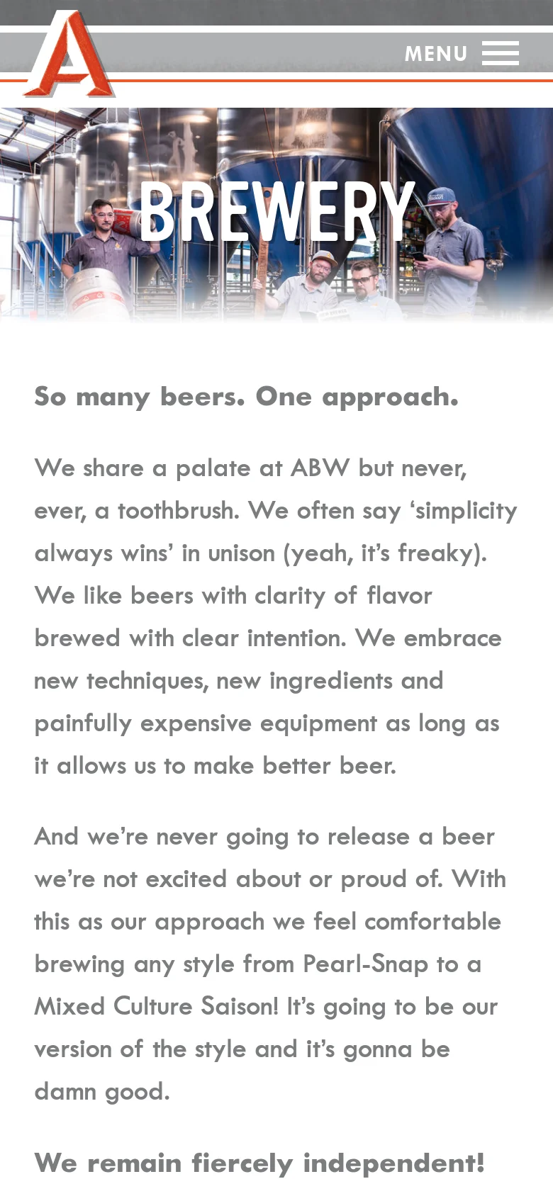 The mobile version displays a condensed version of the brewery hero image with the age verification modal centered prominently. The top navigation is replaced by a hamburger menu icon next to the brand logo. The layout shifts to a single-column format, prioritizing the 'Are you 21?' prompt and subsequent text content.