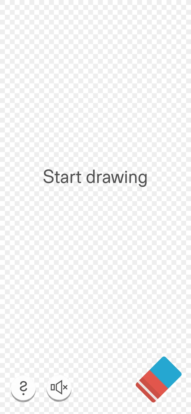 The mobile version features the same minimalist checkerboard canvas and 'Start drawing' text, but the layout is adjusted for a vertical screen. The pencil and eraser icons are larger in the bottom right, and the question mark and mute icons are positioned in the bottom left.