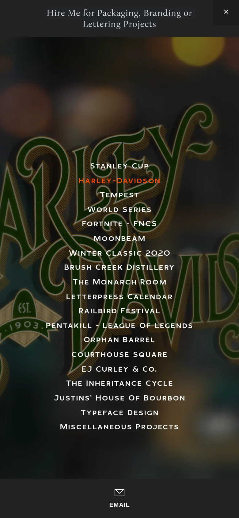 Mobile view of the portfolio website with a vertically stacked list of project links centered on a dark, blurred background. The layout is simplified, removing the top navigation menu and focusing on a long scrollable list of text links, ending with an 'Email' call to action at the bottom.