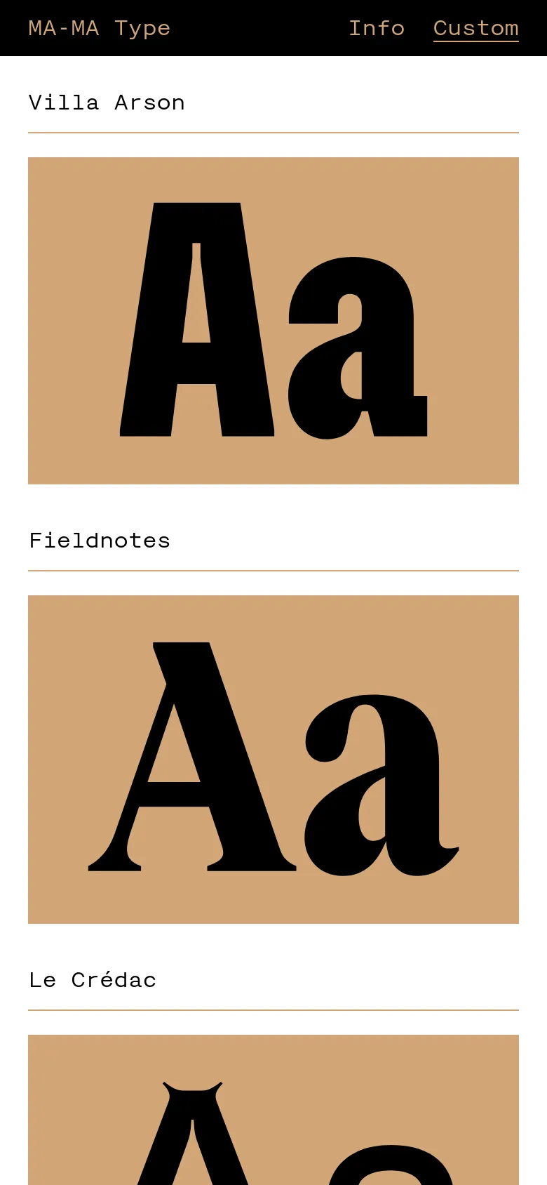 The mobile version simplifies the layout into a single vertical column, stacking the large typography specimens and project titles one after another. The black header remains at the top, providing navigation links for Info and Custom in a condensed format.