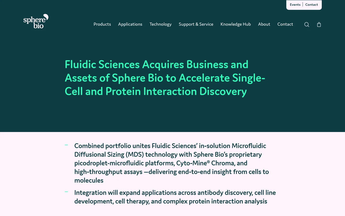 The desktop page features a dark teal background with the Sphere Bio logo in the top left and a navigation menu including Products, Applications, and About. A large headline in bright green text announces the acquisition of Sphere Bio by Fluidic Sciences, followed by a bulleted list of key integration details on a white background.